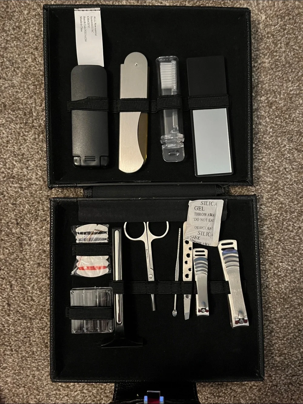 Compact Black Travel Manicure Set with Silver Tools